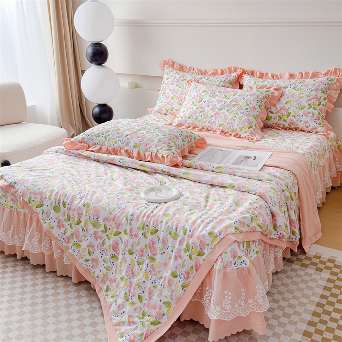 91家纺网 家纺一手货源 找家纺 金米诺 2024新款水洗棉花边夏被四件套 浅夏田园