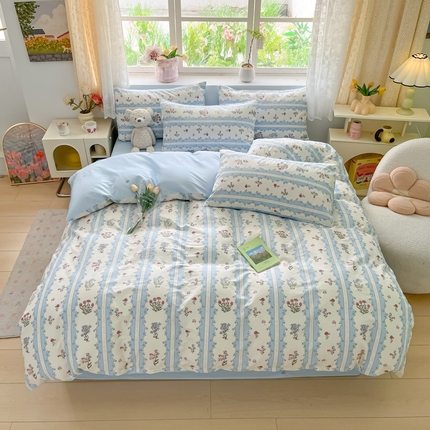 91家纺网 家纺一手货源 找家纺 洺兰家居 2025年新款13372全棉印花四件套纯棉小清新北欧风花卉床单床笠款套件 恬静