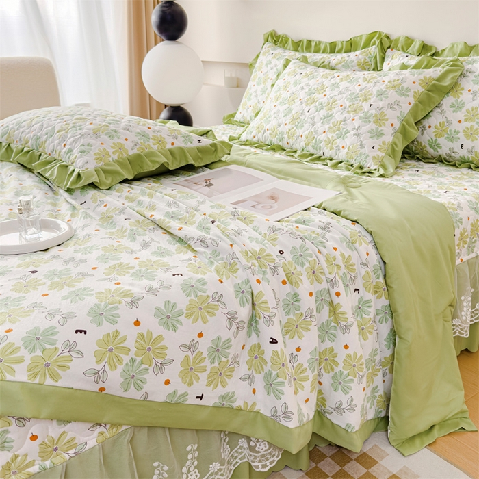 91家纺网 家纺一手货源 找家纺 金米诺 2024新款水洗棉花边夏被四件套 春园美景