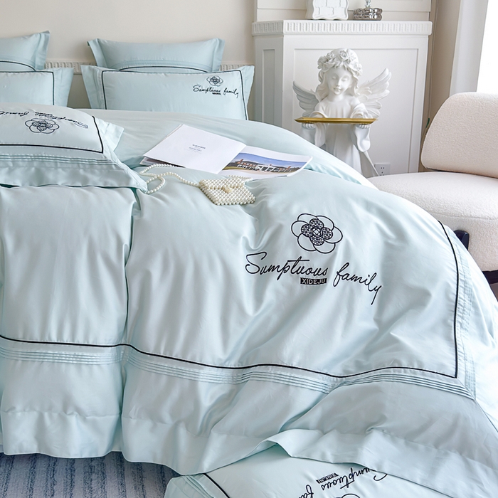 91家纺网 家纺一手货源 找家纺 品家居 2025新款100支长绒棉刺绣四件套-香梵希（控价368） 香梵希-云蓝