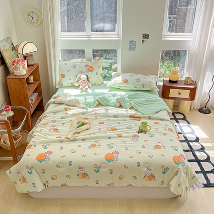吉祥家纺 2024新款华夫格夏被床笠四件套 草莓小兔 绿