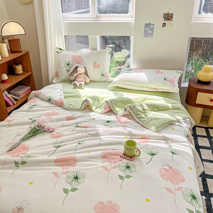 91家纺网 家纺一手货源 找家纺 吉祥家纺 2024新款华夫格夏被床笠四件套 微微南风 粉