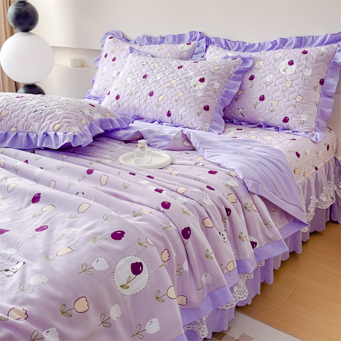 91家纺网 家纺一手货源 找家纺 金米诺 2024新款水洗棉花边夏被四件套 熊宝