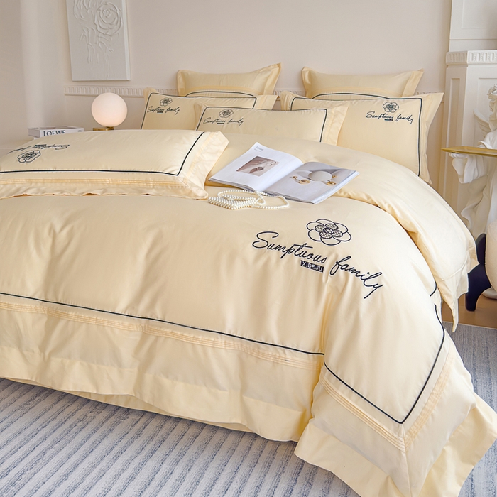 91家纺网 家纺一手货源 找家纺 品家居 2025新款100支长绒棉刺绣四件套-香梵希（控价368） 香梵希-翡翠黄