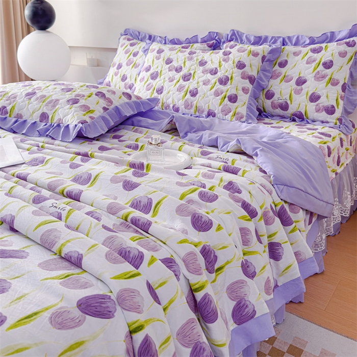 91家纺网 家纺一手货源 找家纺 金米诺 2024新款水洗棉花边夏被四件套 束语花香