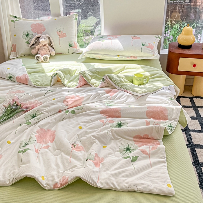 91家纺网 家纺一手货源 找家纺 吉祥家纺 2024新款华夫格夏被床笠四件套 微微南风 粉