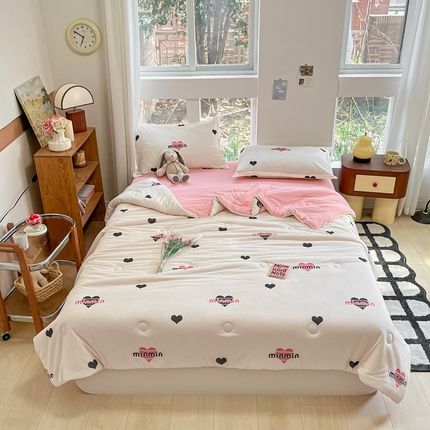 吉祥家纺 2024新款华夫格夏被床笠四件套 爱心MM 白