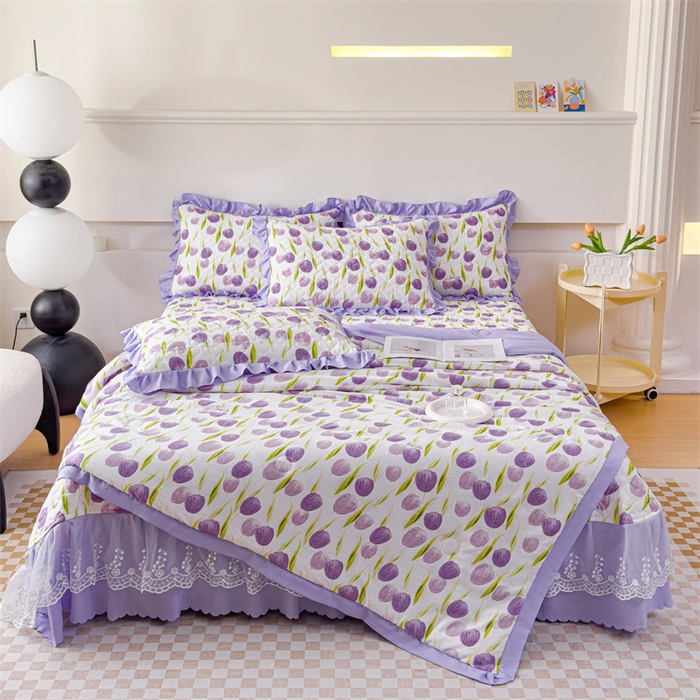 91家纺网 家纺一手货源 找家纺 金米诺 2024新款水洗棉花边夏被四件套 束语花香