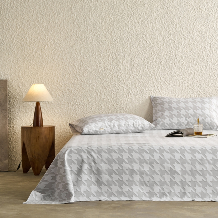 91家纺网 家纺一手货源 找家纺 小懒猪 2024新品全棉纯棉老粗布单品床单 千鸟格灰