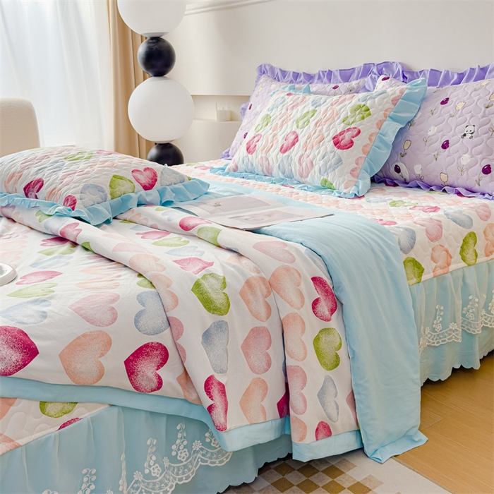 91家纺网 家纺一手货源 找家纺 金米诺 2024新款水洗棉花边夏被四件套 心心相印