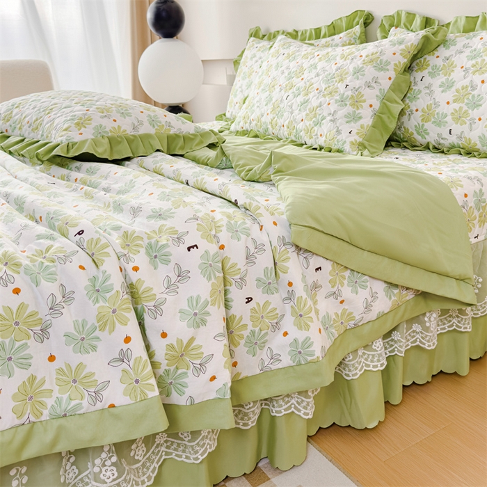 91家纺网 家纺一手货源 找家纺 金米诺 2024新款水洗棉花边夏被四件套 春园美景