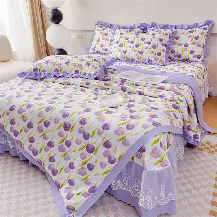 91家纺网 家纺一手货源 找家纺 金米诺 2024新款水洗棉花边夏被四件套 束语花香