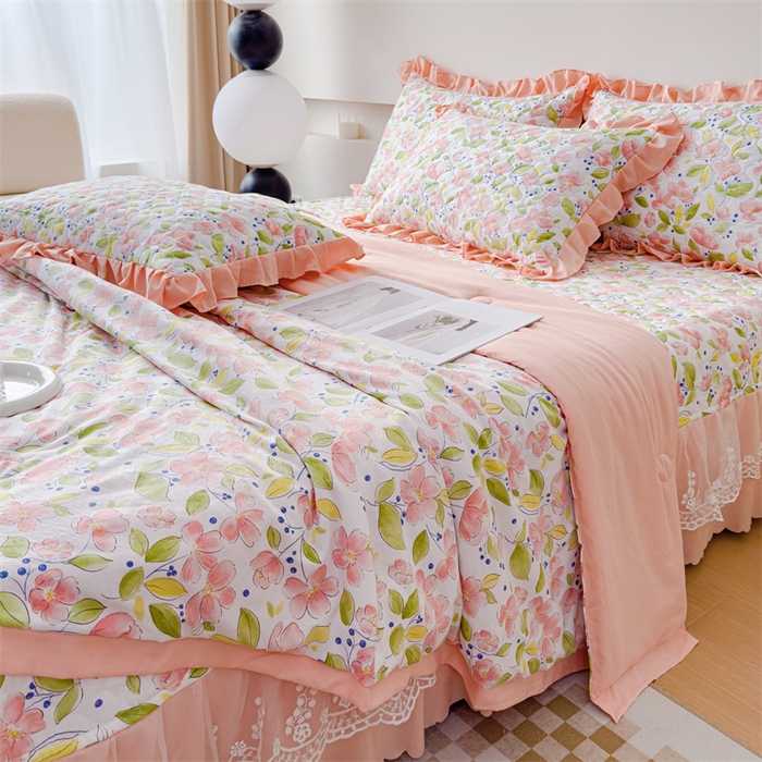 91家纺网 家纺一手货源 找家纺 金米诺 2024新款水洗棉花边夏被四件套 浅夏田园