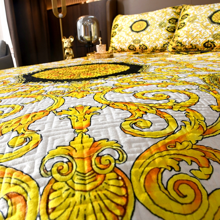 91家纺网 家纺一手货源 找家纺 爵仕家纺 2025新款A面宝宝绒B面磨毛布四季通用床盖 金色盛典