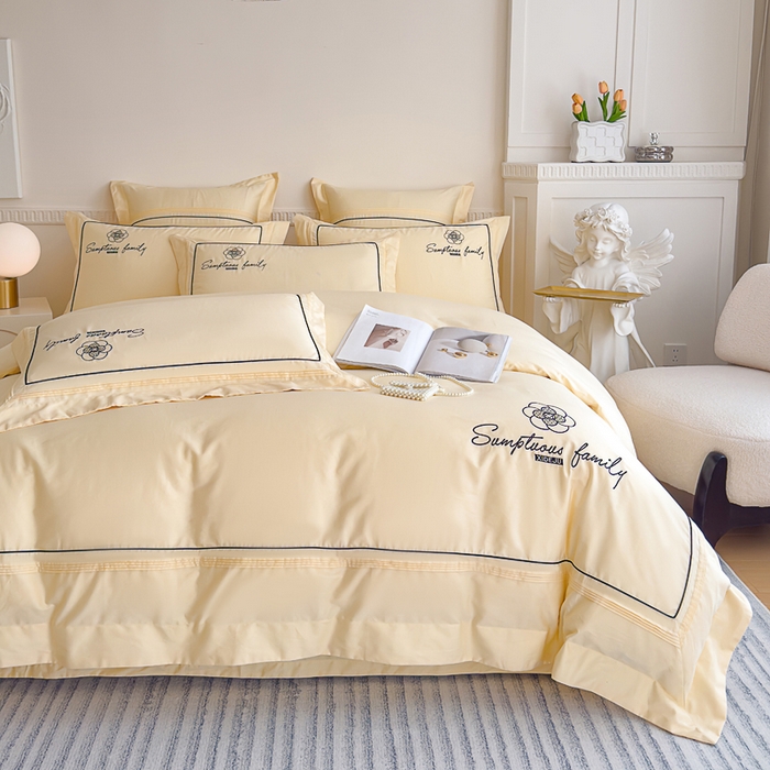 91家纺网 家纺一手货源 找家纺 品家居 2025新款100支长绒棉刺绣四件套-香梵希（控价368） 香梵希-翡翠黄