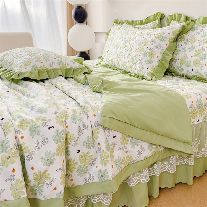 91家纺网 家纺一手货源 找家纺 金米诺 2024新款水洗棉花边夏被四件套 春园美景