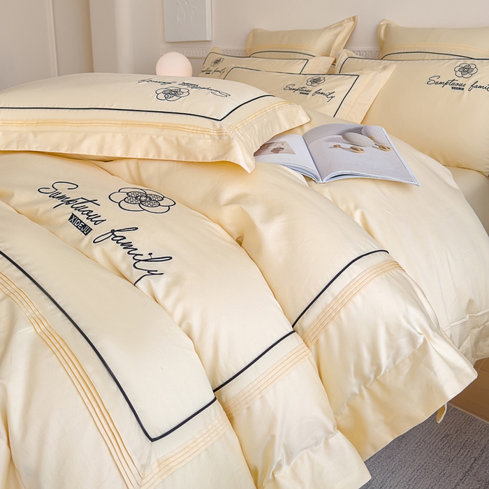 91家纺网 家纺一手货源 找家纺 品家居 2025新款100支长绒棉刺绣四件套-香梵希（控价368） 香梵希-翡翠黄