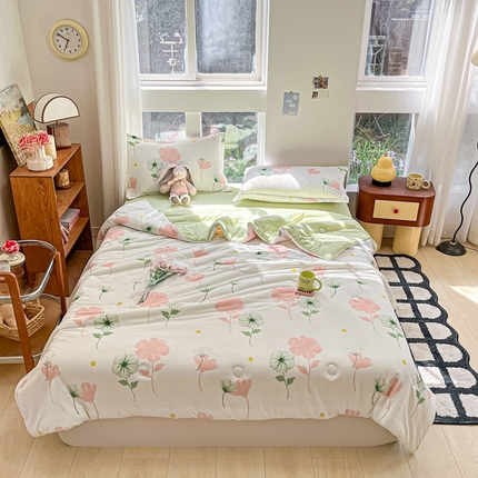 吉祥家纺 2024新款华夫格夏被床笠四件套 微微南风 粉