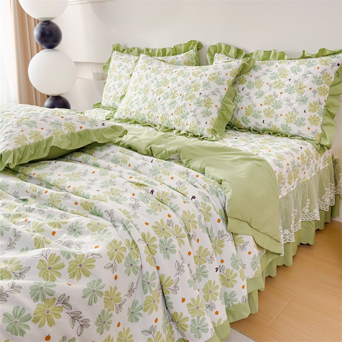 91家纺网 家纺一手货源 找家纺 金米诺 2024新款水洗棉花边夏被四件套 春园美景