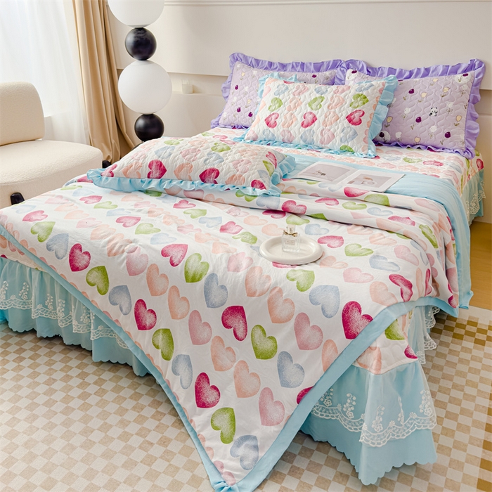 91家纺网 家纺一手货源 找家纺 金米诺 2024新款水洗棉花边夏被四件套 心心相印