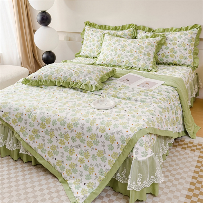 91家纺网 家纺一手货源 找家纺 金米诺 2024新款水洗棉花边夏被四件套 春园美景