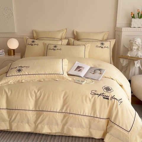 91家纺网 家纺一手货源 找家纺 品家居 2025新款100支长绒棉刺绣四件套-香梵希（控价368） 香梵希-翡翠黄