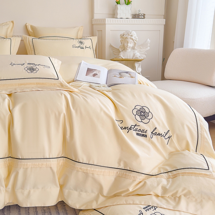 91家纺网 家纺一手货源 找家纺 品家居 2025新款100支长绒棉刺绣四件套-香梵希（控价368） 香梵希-翡翠黄