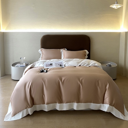 91家纺网 家纺一手货源 找家纺 朵美 2024新款60支兰精天丝纯色撞色系列四件套 棕卡拼钻石白