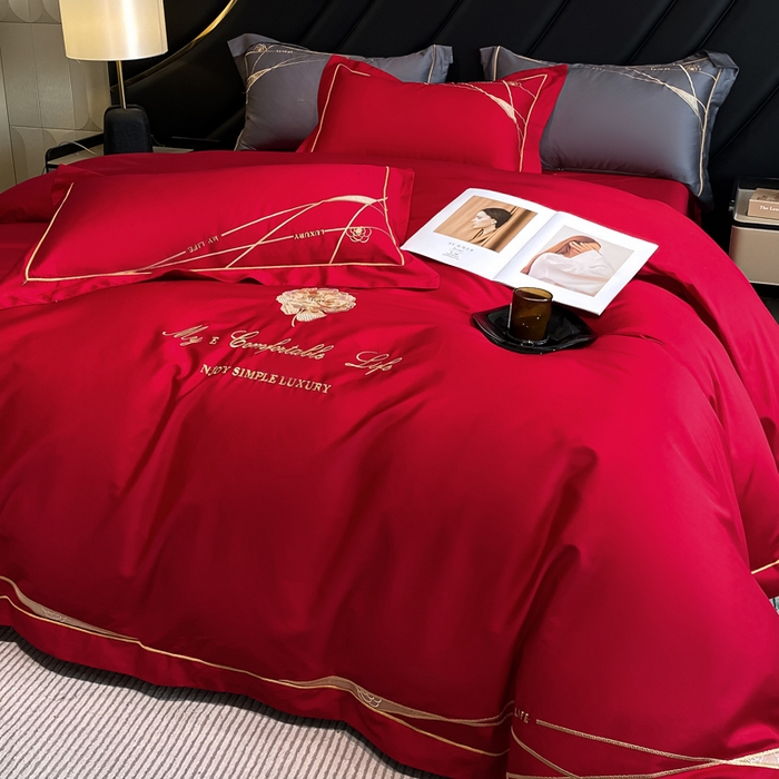 91家纺网 家纺一手货源 找家纺 云雀 2025新款全棉轻奢刺绣线条款四件套 线条-玫瑰红