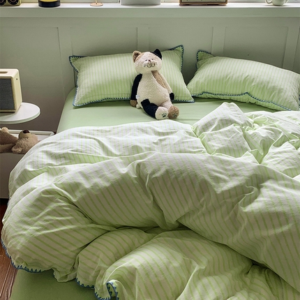 91家纺网 家纺一手货源 找家纺 莱茵家居 2024新款A类多巴胺撞色全棉水洗棉四件套荧光绿细条