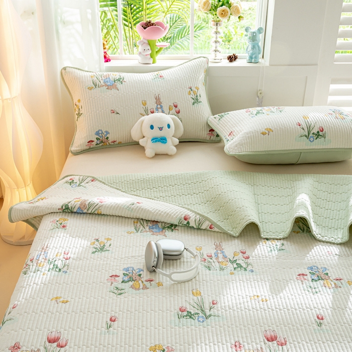 91家纺网 家纺一手货源 找家纺 X猫先生床笠 2025新款全棉床盖床单小清新夹棉床盖炕盖套件跑量款（自然光场景） 花丛兔