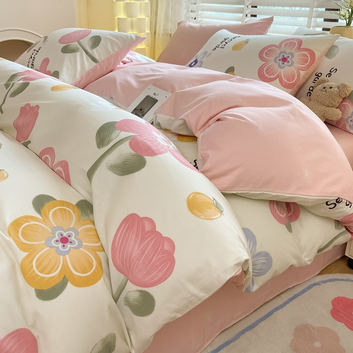 91家纺网 家纺一手货源 找家纺 宜家坊 2024新款12868全棉小清新四件套粉黛