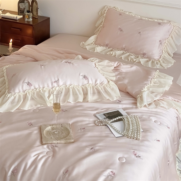 91家纺网 家纺一手货源 找家纺 黛舒家居 2024新款60支100%莱赛尔纤维夏被四件套 粉色玫瑰