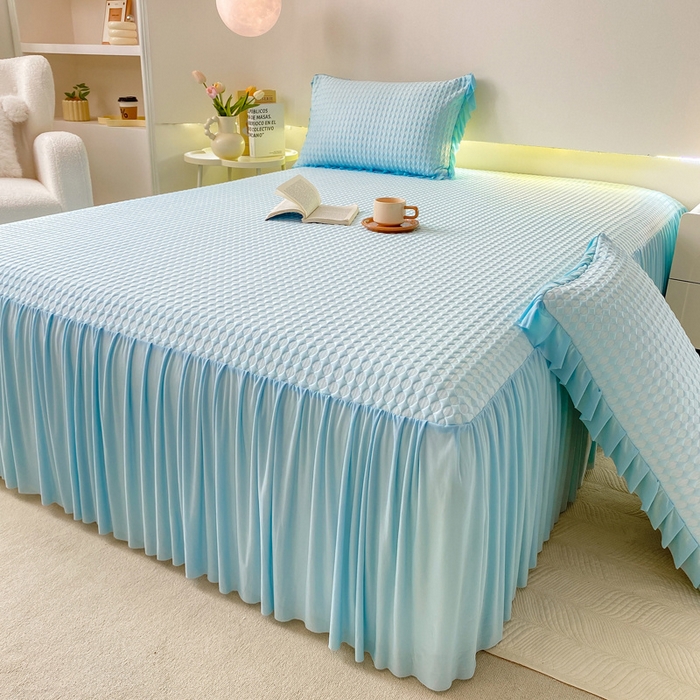 91家纺网 家纺一手货源 找家纺 卡派 2024新款凉豆豆冰丝软床裙 天空蓝