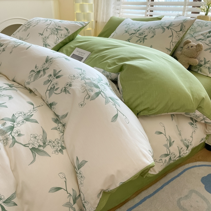 91家纺网 家纺一手货源 找家纺 宜家坊 2024新款12868全棉小清新四件套绿枝