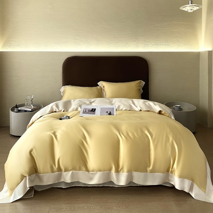 91家纺网 家纺一手货源 找家纺 朵美 2024新款60支兰精天丝纯色撞色系列四件套 嫩黄拼米白