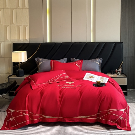 91家纺网 家纺一手货源 找家纺 云雀 2025新款全棉轻奢刺绣线条款四件套 线条-玫瑰红