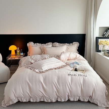 优悦生活馆 2024新款冰丝刺绣荷叶边四件套-秘境 秘境-嫩粉