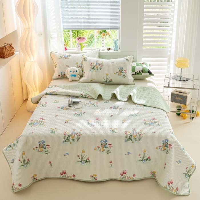 91家纺网 家纺一手货源 找家纺 X猫先生床笠 2025新款全棉床盖床单小清新夹棉床盖炕盖套件跑量款（自然光场景） 花丛兔