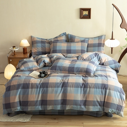 91家纺网 家纺一手货源 找家纺 （总）磨毛世家 新款水洗棉简约格子四件套床品套件