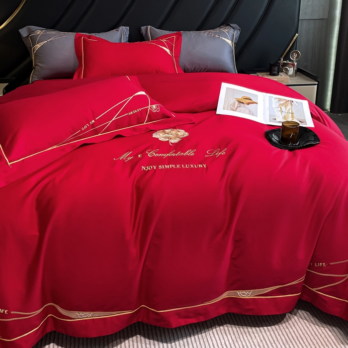 91家纺网 家纺一手货源 找家纺 云雀 2025新款全棉轻奢刺绣线条款四件套 线条-玫瑰红