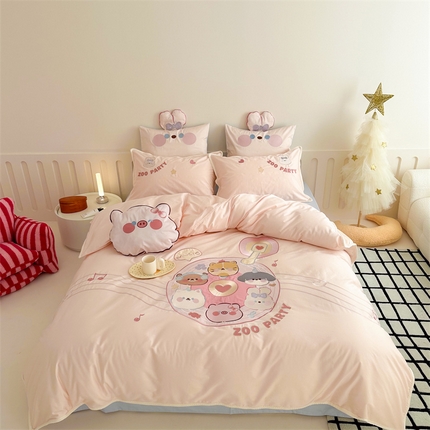 91家纺网 家纺一手货源 找家纺 （总）西西家居 2024新款100支长绒棉精致绣花工艺儿童卡通系列四件套-动物派对（提供买家秀）