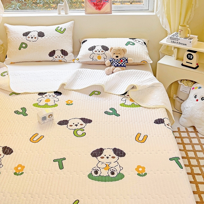 91家纺网 家纺一手货源 找家纺 澳梵家居 2024新款凉感丝软席软凉席床盖夏被四件套件 快乐小狗