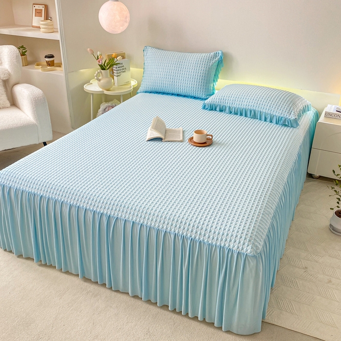 91家纺网 家纺一手货源 找家纺 卡派 2024新款凉豆豆冰丝软床裙 天空蓝