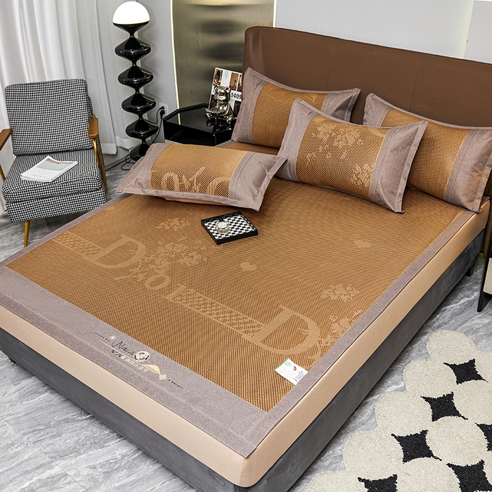 91家纺网 家纺一手货源 找家纺 优姿家纺 2024新款藤王重工刺绣加厚编制冰滕双凉席三件套 咖色