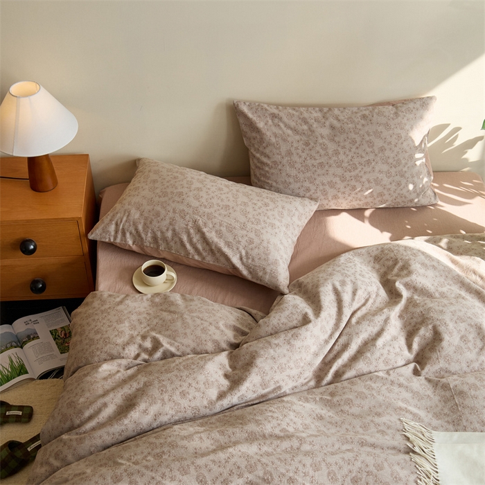 91家纺网 家纺一手货源 找家纺 原研家居 2024新款水洗棉提花系列四件套第二批 繁花-咖