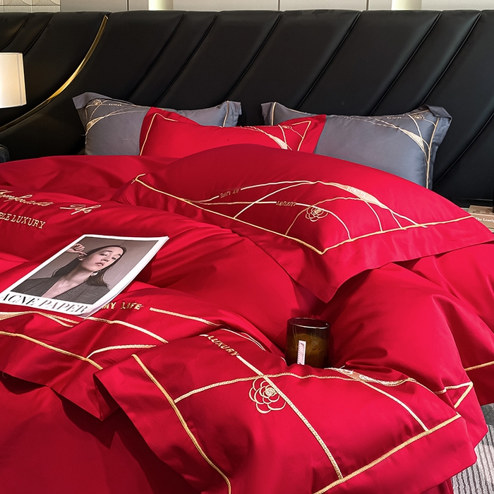 91家纺网 家纺一手货源 找家纺 云雀 2025新款全棉轻奢刺绣线条款四件套 线条-玫瑰红