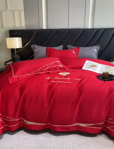 91家纺网 家纺一手货源 找家纺 云雀 2025新款全棉轻奢刺绣线条款四件套 线条-玫瑰红