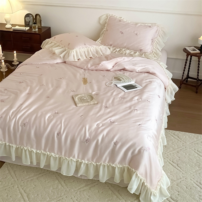 91家纺网 家纺一手货源 找家纺 黛舒家居 2024新款60支100%莱赛尔纤维夏被四件套 粉色玫瑰