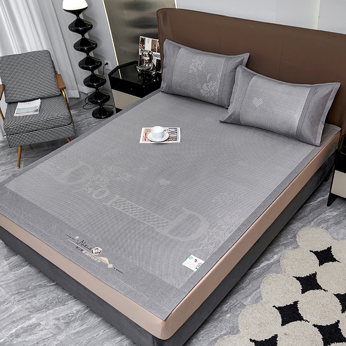 91家纺网 家纺一手货源 找家纺 优姿家纺 2024新款藤王重工刺绣加厚编制冰滕双凉席三件套 灰色